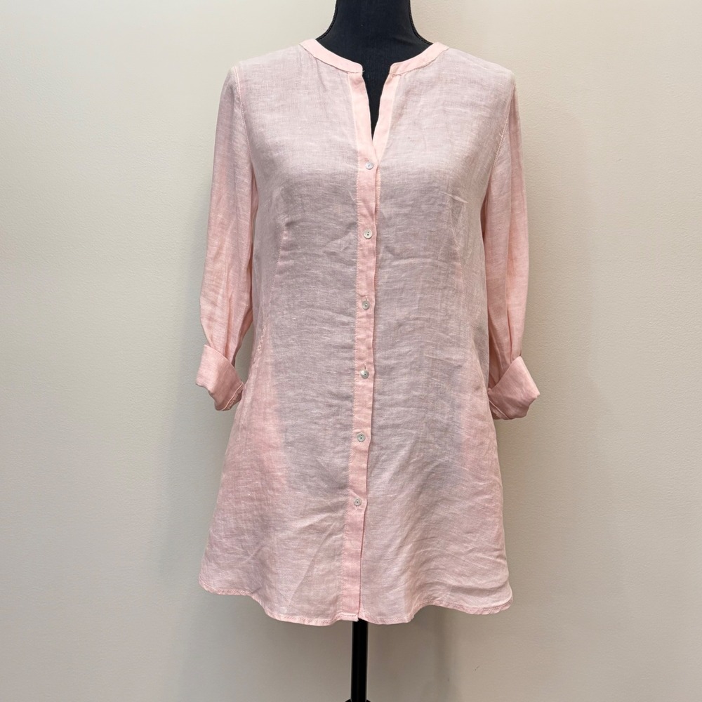 Sigrid‎ Olsen Women S Pink 100% Linen Button Front Roll Tab Sleeve Tunic Coastal